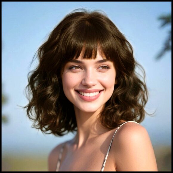Short Wavy Bob Wig with Bangs Heat Resistant Fiber Natural Style Daily Wear